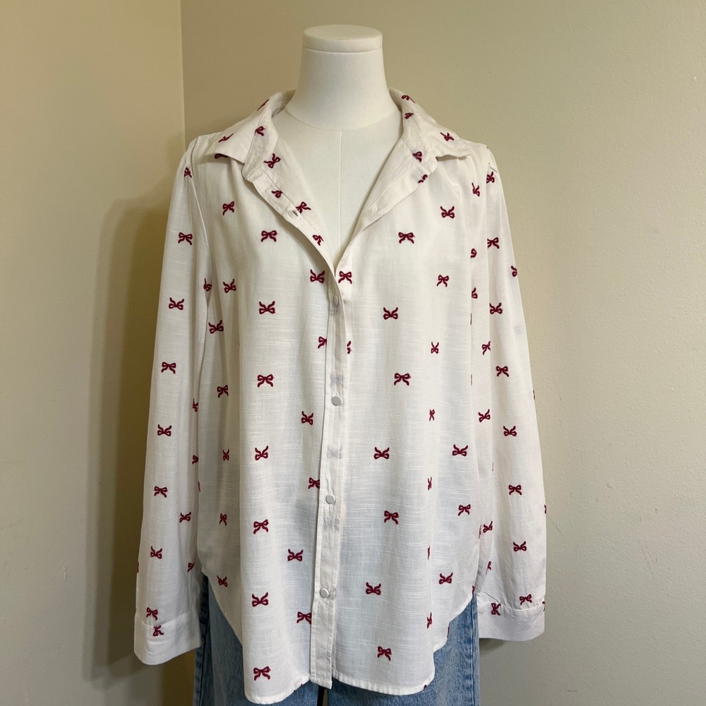 LC Lauren Conrad White Embroidered Red Bow Button Down Shirt Blouse Large
